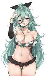  adapted_costume bikini bikini_skirt black_bikini black_ribbon breasts chigasaki_yukari choker cleavage detached_sleeves female green_eyes green_hair hair_between_eyes hair_flaps hair_ornament hair_ribbon hairclip highres kantai_collection large_breasts long_hair parted_bangs ponytail ribbon sidelocks simple_background solo standing swimsuit thigh_gap white_background white_choker yamakaze_(kancolle) yamakaze_kai_ni_(kancolle) yamakaze_kai_ni_(swimsuit_mode)_(kancolle) 