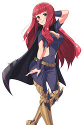  black_cape bodysuit breasts cape cleavage clothing_cutout covered_navel facial_mark female fire_emblem fire_emblem_engage hair_ornament highres long_hair looking_at_viewer red_eyes red_hair revvie side_cutout simple_background smile solo star_(symbol) star_facial_mark star_hair_ornament yunaka_(fire_emblem) 