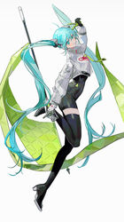  absurdres ahoge aqua_eyes aqua_hair arm_up asymmetrical_bodysuit black_bodysuit black_gloves bodysuit boots closed_mouth commentary cropped_jacket female flag from_side full_body gloves goodsmile_racing green_flag green_gloves hatsune_miku highres holding holding_flag jacket jumping kitou_saji long_hair long_sleeves looking_at_viewer miku_day race_queen racing_miku racing_miku_(2022) simple_background single_thigh_boot single_thighhigh smile solo thigh_boots thighhighs twintails two-tone_gloves v very_long_hair vocaloid white_background white_jacket 