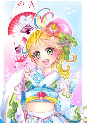  :d adapted_costume blonde_hair blush border cure_summer detached_sleeves earrings female flower gradient_hair green_eyes hair_flower hair_ornament high_side_ponytail highres japanese_clothes jewelry long_sleeves looking_at_viewer manekineko5319 midriff multicolored_hair natsuumi_manatsu open_mouth outline pink_hair precure red_flower side_ponytail signature smile solo standing stomach tropical-rouge!_precure upper_body white_border white_sleeves 