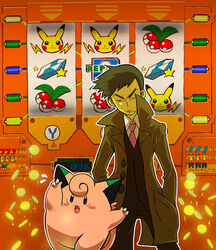  1boy bad_id bad_pixiv_id black_eyes blush_stickers brown_coat claws clefairy closed_eyes closed_mouth coat coin collared_shirt commentary_request hand_in_pocket looker_(pokemon) male_focus mikami necktie oerba_yun_fang open_clothes open_coat open_mouth outline pants pikachu pink_necktie pokemon pokemon_(creature) pokemon_dppt popped_collar shirt short_hair slot_machine star_(symbol) tongue vest white_shirt 