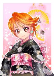  adapted_costume black_kimono border brown_eyes closed_mouth commentary_request earrings female floral_print futari_wa_precure hair_between_eyes heart heart_earrings highres japanese_clothes jewelry kimono looking_at_viewer manekineko5319 misumi_nagisa obi orange_hair outline peony_print precure print_kimono sash short_hair signature smile solo upper_body white_border yukata 