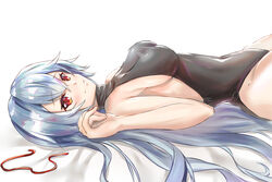  black_leotard blush breasts fate/grand_order fate_(series) female grey_hair hair_between_eyes hair_undone highleg highleg_leotard leotard light_smile long_hair looking_at_viewer lying medium_breasts on_back red_eyes red_ribbon ribbon sideboob solo tomoe_gozen_(fate) unworn_ribbon very_long_hair white_background yahan_(mctr5253) 