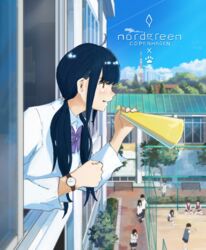  6+girls artistic_error black_hair blunt_bangs cloud day highres leaning_forward leaning_out_of_window long_hair megaphone multiple_girls nordgreen original outdoors sakura_inu_(itoyatomo) scenery school school_uniform shirt summer watch white_shirt window wristwatch 