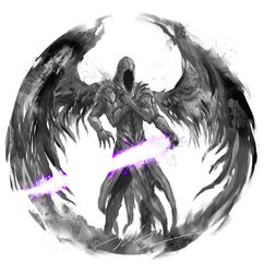  1other dark_souls_ii darklurker extra_arms highres holding holding_sword holding_weapon hood hood_up shimhaq simple_background solo souls_(series) spread_wings sword weapon white_background wings 