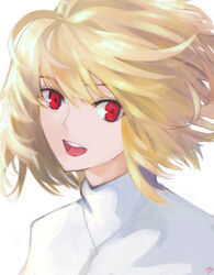  :d arcueid_brunestud blonde_hair female floating_hair hair_between_eyes highres looking_at_viewer moedredd open_mouth portrait red_eyes shirt short_hair signature smile solo tsukihime white_background white_shirt 