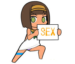  bad_source brown_hair can&#039;t_show_this_(meme) chibi dark-skinned_female dark_skin dress egyptian egyptian_loli_(surio) english_text female full_body green_eyes hairband holding holding_sign looking_at_viewer meme original panties pantyshot purple_panties short_hair sign simple_background solo surio underwear usekh_collar v-shaped_eyebrows white_background white_dress 