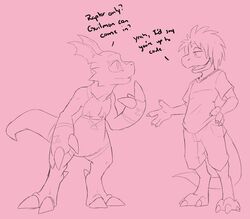  anthro bandai_namco bottomwear clothing dialogue digimon digimon_(species) digitigrade dinosaur dromaeosaurid duo english_text extinct guilmon kyrio kyrio_the_raptor_(kyrio) male nude prehistoric_species reptile scalie shirt shorts standing t-shirt tail text theropod thick_tail topwear 