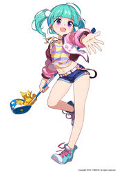  :d ahoge bare_legs belt birdie_crush blue_footwear blue_hair blue_shorts blunt_bangs contrapposto female full_body golf_club hair_bobbles hair_ornament highres holding holding_golf_club jacket long_sleeves looking_at_viewer lusy_(birdie_crush) micro_shorts open_clothes open_jacket open_mouth photoshop_(medium) pink_belt pink_jacket purple_eyes reaching reaching_towards_viewer rheez shirt shoes shorts simple_background smile solo striped_clothes striped_shirt twintails watermark white_background 