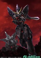  blitz_gundam dagger damaged glowing glowing_eyes gomibako_(shirokumatei) green_eyes gundam gundam_arsenal_base gundam_seed holding holding_dagger holding_knife holding_weapon kneeling knife mecha missing_eye mobile_suit no_humans official_art robot running science_fiction v-fin weapon 