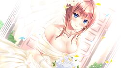  blue_eyes bouquet breasts bridal_veil bride brown_hair cleavage closed_mouth door dress female flower game_cg highres himukai_chihiro himukai_chihiro_wa_shigoto_ga_tsuzukanai holding holding_bouquet jewelry large_breasts looking_at_viewer mole mole_under_eye muutsuki necklace non-web_source rose smile solo strapless strapless_dress veil wedding wedding_dress white_dress 