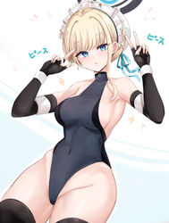  armpits asymmetrical_hair bare_shoulders black_leotard black_thighhighs blonde_hair blue_archive blue_background blue_eyes blue_halo blue_ribbon braid breasts covered_navel cowboy_shot double_v female fingerless_gloves frilled_hairband frills gloves groin hair_ribbon hairband halo hands_up highleg highleg_leotard highres leotard looking_at_viewer maid_headdress medium_breasts neneru open_mouth ribbon short_hair sideboob sidelocks sleeveless_turtleneck_leotard solo thighhighs toki_(blue_archive) turtleneck two-tone_background v white_background white_hairband 