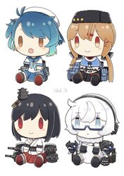  abyssal_ship black_hair black_headwear black_skirt blue_eyes blue_hair blue_skirt blush_stickers braid brown_eyes brown_hair character_doll closed_mouth doll fukae_(kancolle) fur_hat hair_scarf hat headphones highres japanese_clothes kantai_collection long_hair low_twintails no_humans open_mouth papakha red_eyes rigging sailor_collar school_uniform serafuku short_hair simple_background skirt smile supply_depot_princess tashkent_(kancolle) twintails white_background white_hair yamashichi_(mtseven) yamashiro_(kancolle) 