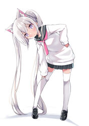  absurdres animal_ear_fluff animal_ears bad_id bad_pixiv_id black_footwear black_sailor_collar black_skirt blush cat_ears closed_mouth commentary_request female full_body hair_between_eyes hand_on_own_hip highres leaning_to_the_side loafers long_hair long_sleeves necktie original pink_necktie pleated_skirt purple_eyes sailor_collar school_uniform serafuku shadow shirt shoes siragagaga skirt sleeves_past_wrists solo standing thighhighs twintails very_long_hair white_background white_hair white_shirt white_thighhighs 