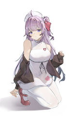  absurdres ahoge azur_lane bare_shoulders breasts brown_cardigan cardigan closed_mouth dress female flantia full_body hair_ornament hair_ribbon hand_up hat heart highres kneeling long_hair long_sleeves looking_at_viewer mary_janes nurse_cap off_shoulder official_alternate_costume one_side_up pantyhose pink_footwear pink_ribbon purple_eyes purple_hair ribbon shoes simple_background sleeveless sleeveless_dress smile solo unicorn_(angelic_nurse)_(azur_lane) unicorn_(azur_lane) white_background white_dress white_pantyhose 