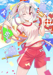  ;) absurdres alternate_costume blush breasts closed_mouth collarbone commentary_request female ghost grey_hair gym_uniform hair_ornament hands_up headband high_ponytail highres holding holding_hair_ornament hololive horns karma_(nakiri_ayame) long_hair looking_at_viewer midriff_peek multicolored_background multicolored_hair nakiri_ayame navel one_eye_closed oni ponytail puffy_short_sleeves puffy_sleeves red_eyes red_hair red_shorts rgrey00 shiranui_(nakiri_ayame) shirt short_sleeves shorts skin-covered_horns small_breasts smile solo sports_festival sportswear streaked_hair very_long_hair virtual_youtuber white_headband white_shirt 