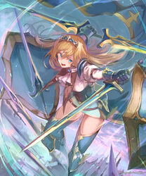  armored_boots asymmetrical_dual_wielding blonde_hair boots double-blade dual_wielding feet_out_of_frame female floating floating_hair floating_object floating_sword floating_weapon gauntlets hair_between_eyes highres holding holding_sword holding_weapon juliet_sleeves long_hair long_sleeves multiple_shields multiple_swords multiple_weapons nagasawa_tougo open_mouth original princess_knight_(nagasawa_tougo) puffy_sleeves shield solo sword thigh_boots thighhighs tiara twitter_username weapon 