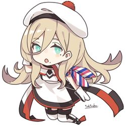  beret blonde_hair blue_eyes chibi commentary dress female gloves hair_between_eyes hat ichiroku_(sakumogu-029) kantai_collection long_hair mole mole_under_eye mole_under_mouth multicolored_clothes multicolored_dress multicolored_gloves multicolored_scarf pom_pom_(clothes) richelieu_(kancolle) scarf simple_background solo strapless strapless_dress thighhighs two-tone_dress two-tone_gloves two-tone_legwear white_background 