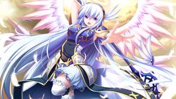  angel_wings armor blue_eyes blue_hair blue_hairband breastplate day faulds feather_hair_ornament feathered_wings feathers female floating_hair game_cg hair_between_eyes hair_ornament hairband halberd hatozuki_tsumiki holding holding_weapon long_hair looking_at_viewer mehisha_(soukoku_no_arterial) miniskirt open_mouth outdoors outstretched_arm outstretched_hand pink_wings polearm shoulder_armor skirt solo soukoku_no_arterial thighhighs very_long_hair weapon white_feathers white_skirt white_thighhighs white_wings wings 