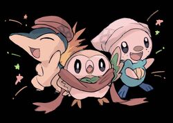  :d akari_(pokemon) anzu_(01010611) black_background clothed_pokemon cyndaquil fangs hat head_scarf highres no_humans open_mouth oshawott pokemon pokemon_(creature) pokemon_legends:_arceus red_scarf rei_(pokemon) rowlet scarf smile standing star_(symbol) starter_pokemon_trio tongue white_headwear 