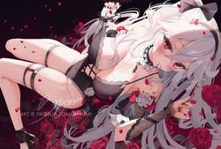  ankle_ribbon beyumi black_nails blood blush bow breasts cleavage collar cross_hair_ornament detached_sleeves female flower frills hair_between_eyes hair_ornament hairband large_breasts leg_ribbon legs leotard lying on_back original patreon_username petals red_eyes ribbon solo spiked_collar spikes thigh_strap thighs white_hair 