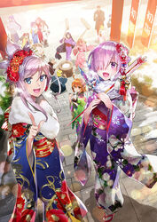  4boys 6+girls :d alternate_costume arrow_(projectile) bell caligula_(fate) camellia_print commentary_request ema fate/grand_order fate_(series) floral_print food fou_(fate) francis_drake_(fate) frankenstein&#039;s_monster_(fate) fujimaru_ritsuka_(female) fur-trimmed_kimono fur_trim furisode grey_hair hair_over_one_eye hamaya hammer james_moriarty_(archer)_(fate) japanese_clothes jing_ke_(fate) jingle_bell kimono light_purple_hair mash_kyrielight mata_hari_(fate) minamoto_no_raikou_(fate) miyamoto_musashi_(fate) mochi mochi_trail mochitsuki multiple_boys multiple_girls nero_claudius_(fate) nero_claudius_(fate/extra) new_year obi obiage obidome obijime open_mouth outdoors pavement peony_print plum_blossom_print purple_eyes redrop romulus_(fate) sakata_kintoki_(fate) sasaki_kojirou_(fate) sash smile stairs wagashi 