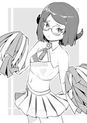  aged_down alternate_costume aru_(blue_archive) aru_(young)_(blue_archive) blue_archive collarbone commentary_request demon_girl demon_horns detached_collar female glasses greyscale hair_ornament hairclip halo highres holding holding_pom_poms horns looking_at_viewer millennium_cheerleader_outfit_(blue_archive) monochrome navel official_alternate_hairstyle parted_bangs pom_pom_(cheerleading) short_hair sidelocks simple_background sleeveless solo stomach takano_itsuki 