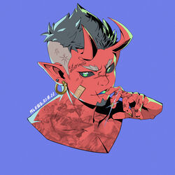  1boy absurdres ale55 bandaid bandaid_on_face blue_background blue_eyes commentary dated demon demon_boy demon_horns earrings grey_hair highres horns jewelry looking_at_viewer male_focus nose_piercing original piercing pointy_ears short_hair signature simple_background solo tattoo tongue tongue_out 