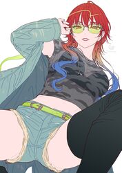  absurdres adjusting_eyewear aida_takanobu aketa_mikoto belt black_bra black_thighhighs blue_hair blue_jacket bra bra_visible_through_clothes breasts crop_top cropped_shirt denim denim_shorts female gradient_hair green-tinted_eyewear green_belt hair_between_eyes hand_on_eyewear highres idolmaster idolmaster_shiny_colors jacket jewelry long_hair long_sleeves looking_at_viewer midriff multicolored_hair multiple_rings navel necklace open_clothes open_jacket parted_lips red_eyes red_hair ring see-through see-through_shirt shirt short_shorts shorts signature simple_background solo sunglasses thighhighs tinted_eyewear twitter_username underwear white_background 