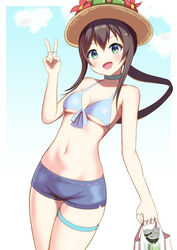  :d amiya_(arknights) arknights bare_arms bare_shoulders bikini black_hair blue_bikini blue_shorts blush breasts choker commentary cowboy_shot dorai female green_eyes hand_up hat highres long_hair looking_at_viewer navel open_mouth short_shorts shorts small_breasts smile solo standing stomach sun_hat swimsuit thigh_strap thighs v 