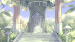  arch blurry brown_eyes commentary_request day eevee grass highres looking_at_viewer no_humans outdoors peeking_out pokemon pokemon_(creature) rope shide shimenawa shrine sky solo stairs suzuiro_(chocolatte) tassel torii tree 