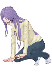  all_fours black-framed_eyewear easy_(aqk7bdqt) female from_below full_body glasses kagamihara_sakura kneeling long_hair purple_hair ribbed_sweater socks solo sweater yurucamp 