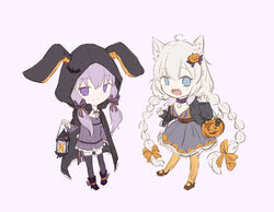  2girls animal_ears basket black_dress black_jacket blue_eyes braid cat_ears chibi claw_pose commentary dress full_body grey_hair hair_ornament hair_ribbon halloween_costume highres holding holding_lantern hood hooded_jacket jack-o&#039;-lantern jack-o&#039;-lantern_hair_ornament jacket kizuna_akari lantern long_hair multiple_girls oerba_yun_fang open_mouth orange_pantyhose pantyhose pty purple_background purple_dress purple_eyes purple_hair purple_legwear rabbit_ears ribbon smile standing thighhighs twin_braids very_long_hair vocaloid voiceroid yuzuki_yukari zettai_ryouiki 