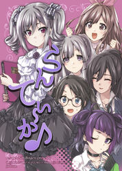  6+girls :d ;o ascot black-framed_eyewear black_choker black_nails black_ribbon black_skirt blue_bow blue_eyes blue_neckwear blunt_bangs book bow bowtie brown_eyes brown_hair choker circle_name clenched_hands closed_eyes closed_mouth commentary cover cover_page diagonal_bangs doujin_cover dress_shirt drill_hair ear_piercing earrings eighth_note english_text frilled_skirt frills from_side glasses grey_hair hair_ribbon highres holding holding_book idolmaster idolmaster_cinderella_girls idolmaster_shiny_colors jewelry kanzaki_ranko kuroi_mimei l&#039;antica_(idolmaster) layered_skirt light_frown long_hair long_sleeves looking_at_viewer medium_hair medium_skirt mitsumine_yuika multiple_girls musical_note nail_polish one_eye_closed open_mouth pantyhose piercing plaid plaid_bow plaid_neckwear ponytail purple_eyes purple_hair ribbon shirase_sakuya shirt short_hair skirt sleeves_past_wrists smile standing stud_earrings sweatdrop tanaka_mamimi translated tsukioka_kogane twin_drills twintails white_ascot white_bow white_shirt wing_collar yukoku_kiriko 