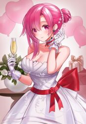  azur_lane bad_id bad_pixiv_id bare_shoulders black_prince_(azur_lane) black_prince_(pop_the_cork)_(azur_lane) blush box breasts champagne_flute cleavage closed_mouth collarbone commentary_request cup dress drinking_glass earrings female flower frilled_gloves frills gloves hair_ornament hairclip hand_up highres holding holding_cup jewelry kiki-yu long_hair looking_at_viewer medium_breasts official_alternate_costume pink_eyes pink_hair simple_background smile solo table vase white_dress white_gloves wine_glass 