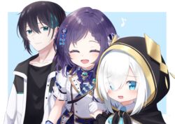  1boy 2girls :d ^_^ aiba_uiha aiba_uiha_(1st_costume) ars_almal ars_almal_(1st_costume) black_cloak black_hair black_shirt blue_background blue_bow blue_eyes blue_hair blue_shirt blues_(nijisanji) blush bow braid braided_bangs cloak closed_eyes closed_mouth collared_shirt commentary eighth_note eyes_visible_through_hair green_eyes green_hair hair_between_eyes hair_over_one_eye hairbow hood hood_up hooded_cloak jacket kokone_(coconeeeco) mayuzumi_kai mayuzumi_kai_(1st_costume) mole mole_under_eye multicolored_hair multiple_girls musical_note nijisanji open_clothes open_jacket open_mouth puffy_short_sleeves puffy_sleeves shirt short_sleeves smile streaked_hair two-tone_background upper_body virtual_youtuber white_background white_hair white_jacket white_shirt 