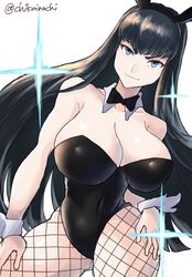  animal_ears black_hair black_leotard bow bowtie breasts chikoinochi covered_navel cowboy_shot detached_collar female fishnet_pantyhose fishnets highres kill_la_kill kiryuuin_satsuki large_breasts lens_flare leotard long_hair looking_at_viewer pantyhose playboy_bunny rabbit_ears 