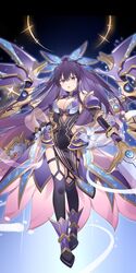  :o armor breasts cutout_above_navel date_a_live dress dual_wielding female high_ponytail highres holding holding_sword holding_weapon large_breasts long_hair purple_eyes purple_footwear purple_hair rie_(reverie) second-party_source shoulder_armor solo sword very_long_hair weapon yatogami_tooka 