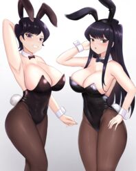  2girls animal_ears black_bow black_bowtie black_hair black_leotard black_pantyhose bow bowtie breasts cleavage covered_navel detached_collar hand_on_own_hip highleg highleg_leotard highres komi-san_wa_komyushou_desu komi_shouko komi_shuuko large_breasts leotard long_hair looking_at_viewer mature_female mother_and_daughter multiple_girls pantyhose playboy_bunny purple_eyes rabbit_ears rabbit_tail short_hair sleeptopi strapless strapless_leotard tail wrist_cuffs 