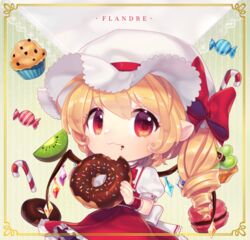  :3 bitten blonde_hair border candy candy_cane character_name chibi chocolate_doughnut commentary_request crumbs doughnut english_text female flandre_scarlet food fruit grapes hat holding holding_food kiwi_(fruit) kiwi_slice long_hair looking_at_viewer macaron mob_cap muffin orchid_(pixiv3730518) oversized_food oversized_object puffy_short_sleeves puffy_sleeves red_eyes red_skirt short_sleeves skirt smile solo sprinkles touhou wings 