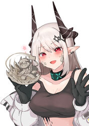  :d absurdres arknights black_gloves blush breasts cleavage collarbone commentary_request ear_piercing female gloves grey_hair hair_between_eyes hands_up highres holding horns jacket long_hair long_sleeves looking_at_viewer medium_breasts mudrock_(arknights) mudrock_(elite_ii)_(arknights) open_clothes open_jacket piercing pointy_ears puffy_long_sleeves puffy_sleeves red_eyes sculpture simple_background smile solo strap_slip upper_body waving white_background white_jacket xiangcao_xing_chen_bing 