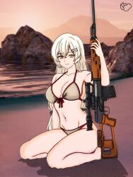  absurdres beach breasts commentary dragunov_svd english_commentary female girls'_frontline gun highres holding holding_gun holding_weapon lisk long_hair ocean rifle seiza sitting smile sniper_rifle svd_(girls'_frontline) swimsuit weapon white_hair 