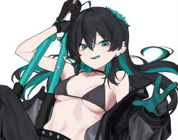  baggy_pants black_bra black_choker black_coat black_gloves black_hair black_pants bra breasts choker clippers coat colored_inner_hair commentary_request ear_ornament fataaa female gloves green_eyes green_hair highres holding_pliers long_hair looking_at_viewer multicolored_gloves multicolored_hair open_clothes open_coat original pants pliers pose_request simple_background small_breasts solo tongue tongue_out two-tone_gloves underwear upper_body white_background 