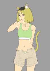  absurdres animal_ears arm_behind_back black_hair blonde_hair breasts brown_eyes brown_shorts cat_ears cat_girl cat_tail commentary_request cowboy_shot etsushimaru_yakuko female green_panties green_sports_bra grey_background highres korean_commentary medium_hair multicolored_hair navel open_fly panties roots_(hair) shorts small_breasts solo sports_bra striped_clothes striped_panties tail two-tone_hair underwear vvang_vvang_mon yani_neko 