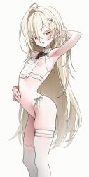  absurdres aged_down arm_behind_head armpits artist_request blonde_hair blush breasts colored_eyelashes commentary_request commission feet_out_of_frame female from_side hair_between_eyes hair_ornament hand_on_own_stomach highres korean_commentary lethe_rin long_hair looking_at_viewer looking_to_the_side navel open_mouth original panties red_eyes second-party_source shirt simple_background sleeveless sleeveless_shirt small_breasts solo sweat thick_eyelashes thigh_strap thighhighs underwear very_long_hair white_background white_panties white_shirt white_thighhighs 
