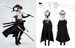  ankle_boots bare_shoulders belt belt_buckle black_belt black_boots black_camisole black_cape black_choker black_gloves black_hair black_pants boots breasts buckle camisole cape choker claymore_(sword) cleavage closed_mouth collarbone commentary concept_art corset cross_tattoo dongho_kang dual_wielding earrings elbow_gloves english_commentary eyelashes fantasy female from_side full_body gloves gradient_background grey_background holding jewelry lips long_hair medium_breasts nose original over_shoulder pants ponytail profile shoulder_tattoo sketch_inset small_breasts solo standing sword sword_over_shoulder tattoo waist_cape weapon weapon_over_shoulder white_background white_corset 