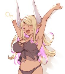  arms_up ayacho bare_arms bare_hips black_tank_top blonde_hair blush breasts cleavage closed_eyes colored_inner_hair commentary criss-cross_straps dark-skinned_female dark_skin draph dress female granblue_fantasy grey_dress grey_panties grey_ribbon highres horns kumbhira_(granblue_fantasy) large_breasts large_horns long_bangs long_earlobes multicolored_hair navel open_mouth panties pointy_ears purple_hair simple_background squeans standing tank_top tongue two-tone_hair underwear upper_body wavy_hair white_background white_horns yawning 