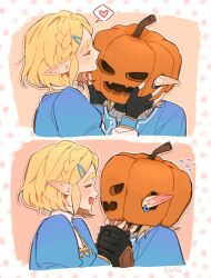  1boy black_gloves black_sweater blue_shirt blue_tunic blush braid breasts champion's_tunic_(zelda) closed_eyes commentary_request couple crown_braid ear_blush earrings female fingerless_gloves flying_sweatdrops gloves gold_trim hair_ornament hairclip heart highres holding_hands jack-o'-lantern_head jewelry kissing_head korean_commentary link medium_breasts none_(none18411) open_mouth parted_bangs pink_background pointy_ears princess_zelda shirt sidelocks smile spoken_heart straight sweater the_legend_of_zelda the_legend_of_zelda:_tears_of_the_kingdom thick_eyebrows tunic upper_body vambraces 