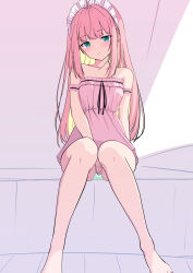  ahoge alternate_hair_length_(longer) barefoot between_legs closed_mouth colored_inner_hair commentary_request covering_crotch covering_privates expressionless female foot_out_of_frame frilled_shirt frills fukouko_(keisuke309) green_eyes green_panties hand_between_own_legs highres keisuke309 long_hair looking_at_viewer maid_headdress multicolored_hair no_pants no_pupils original panties pink_hair pink_shirt shirt sidelocks sitting solo straight_hair strapless strapless_shirt underwear 