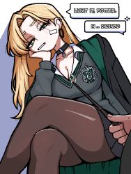  1boy bandage_on_cheek black_cloak blonde_hair breasts brown_pantyhose bullying cigarette cleavage cloak collar commentary_request crossed_legs earclip earrings english_text female genderswap_(mtf) green_eyes hand_on_own_cheek hand_on_own_face harry_potter harry_potter_(series) head_rest hogwarts_school_uniform hoop_earrings invisible_chair jewelry ji_heeeeeee korean_commentary large_breasts lighting_cigarette long_hair malfoid mole mole_under_eye pantyhose rule_63 school_uniform simple_background sitting solo_focus speech_bubble sweatdrop thighs unlit_cigarette_in_mouth wand white_background wizarding_world 